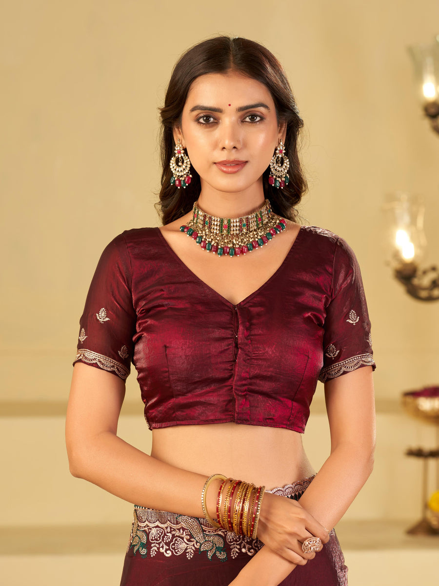 Wine Maroon Designer Fendy Satin Saree with Heavy Embroidered Border | Premium Festive Party Wear Saree with Embroidery & Matching Blouse