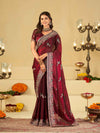 Wine Maroon Designer Fendy Satin Saree with Heavy Embroidered Border | Premium Festive Party Wear Saree with Embroidery & Matching Blouse