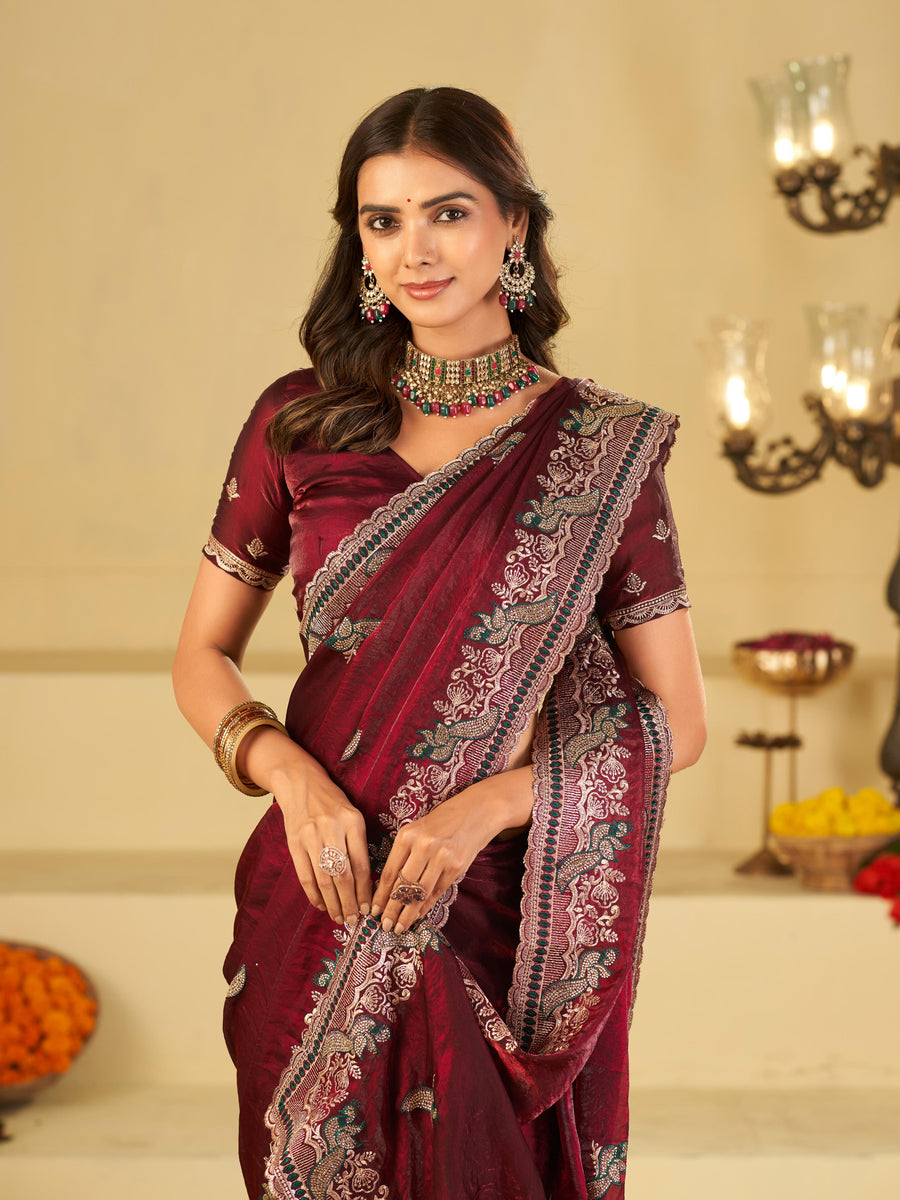 Wine Maroon Designer Fendy Satin Saree with Heavy Embroidered Border | Premium Festive Party Wear Saree with Embroidery & Matching Blouse