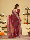 Wine Maroon Designer Fendy Satin Saree with Heavy Embroidered Border | Premium Festive Party Wear Saree with Embroidery & Matching Blouse