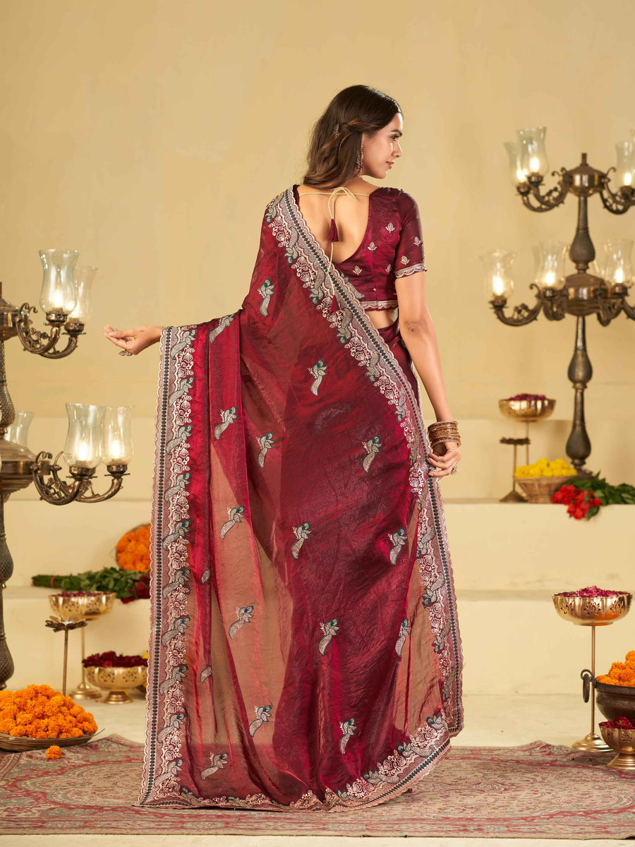 Wine Maroon Designer Fendy Satin Saree with Heavy Embroidered Border | Premium Festive Party Wear Saree with Embroidery & Matching Blouse
