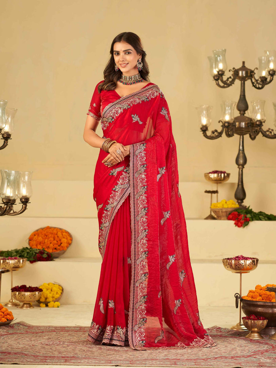 Bright Red Designer Fendy Satin Saree with Heavy Embroidered Border | Premium Festive Party Wear Saree with Intricate Embroidery & Matching Blouse