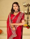 Bright Red Designer Fendy Satin Saree with Heavy Embroidered Border | Premium Festive Party Wear Saree with Intricate Embroidery & Matching Blouse