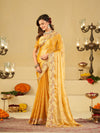 Mustard Yellow Fendy Satin Saree with Multicolor Floral Embroidery Border | Designer Party Wear Saree with Blouse