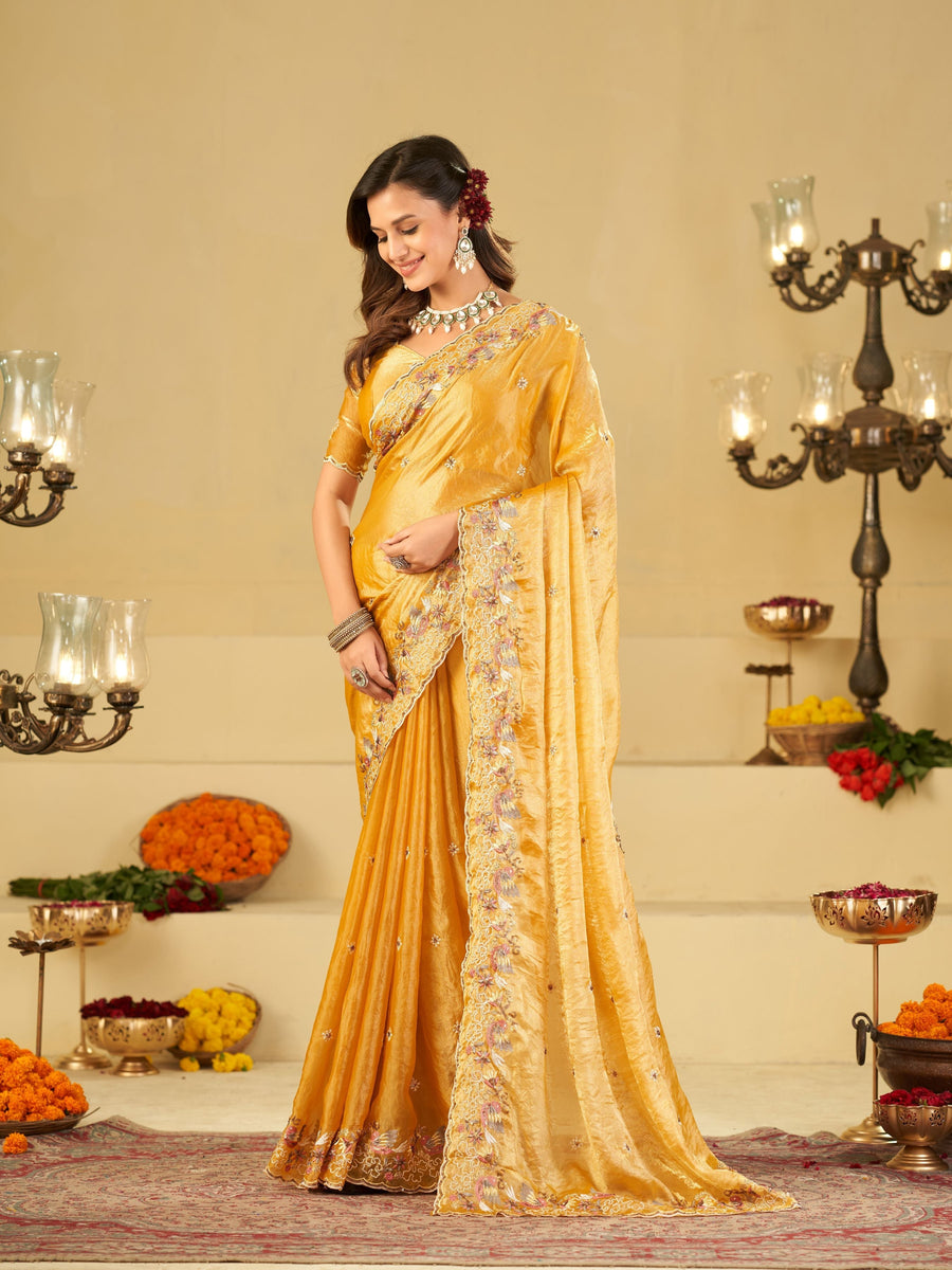 Mustard Yellow Fendy Satin Saree with Multicolor Floral Embroidery Border | Designer Party Wear Saree with Blouse