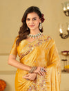Mustard Yellow Fendy Satin Saree with Multicolor Floral Embroidery Border | Designer Party Wear Saree with Blouse