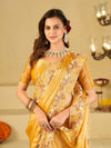 Mustard Yellow Fendy Satin Saree with Multicolor Floral Embroidery Border | Designer Party Wear Saree with Blouse