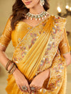Mustard Yellow Fendy Satin Saree with Multicolor Floral Embroidery Border | Designer Party Wear Saree with Blouse