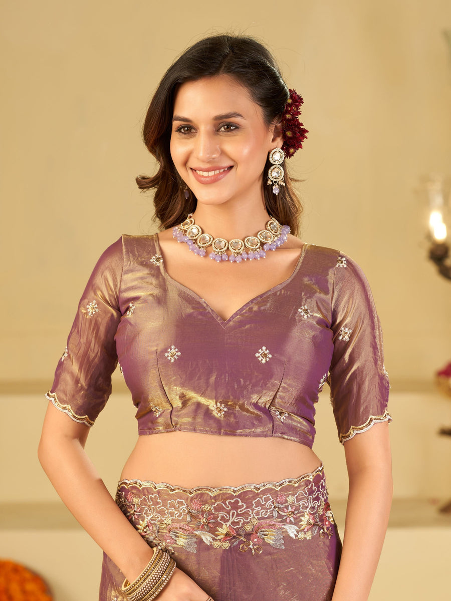 Lavender Gold Fendy Satin Saree with Multicolor Floral Embroidery Border | Designer Party Wear Saree with Blouse