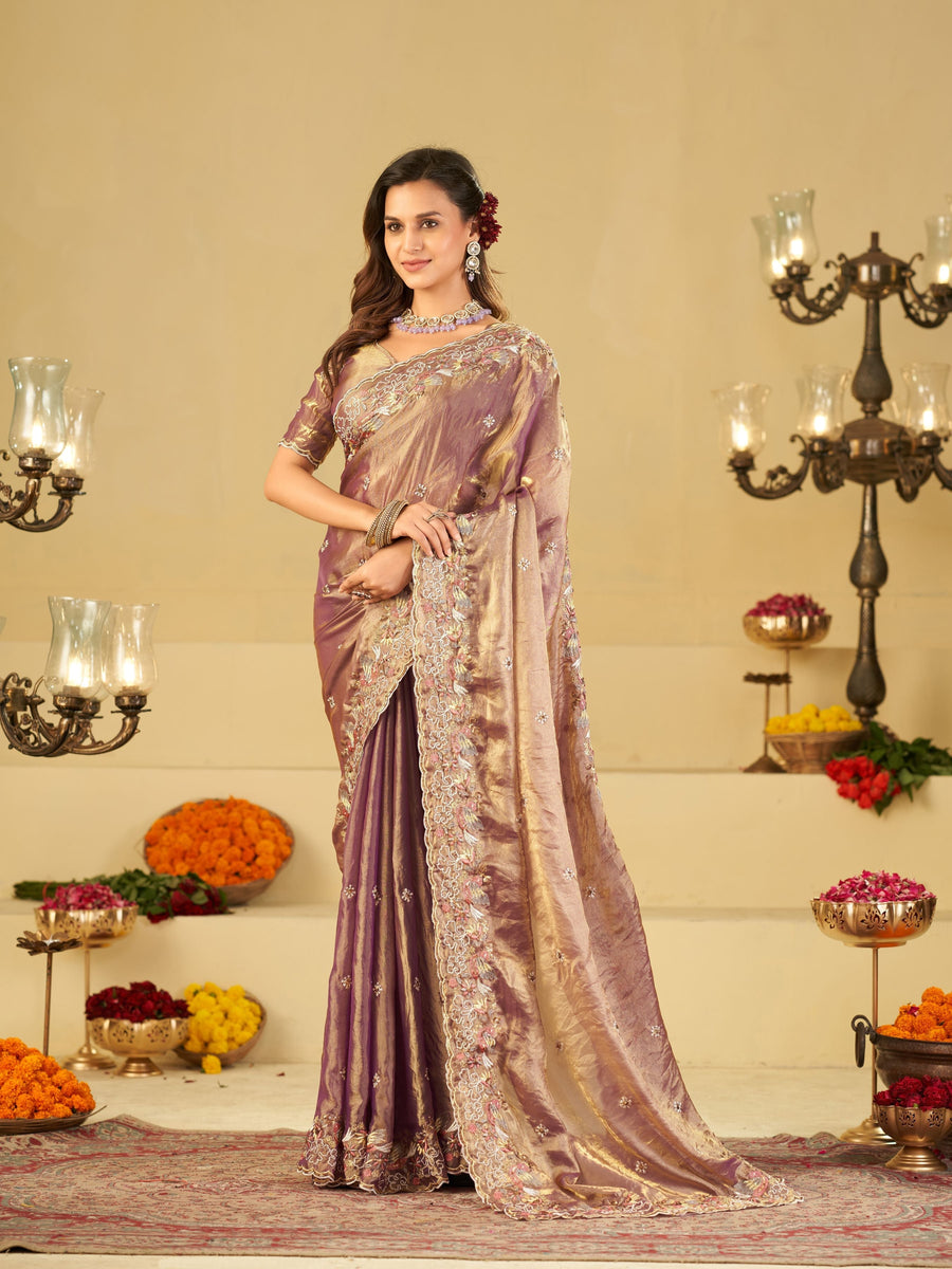 Lavender Gold Fendy Satin Saree with Multicolor Floral Embroidery Border | Designer Party Wear Saree with Blouse