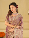 Lavender Gold Fendy Satin Saree with Multicolor Floral Embroidery Border | Designer Party Wear Saree with Blouse