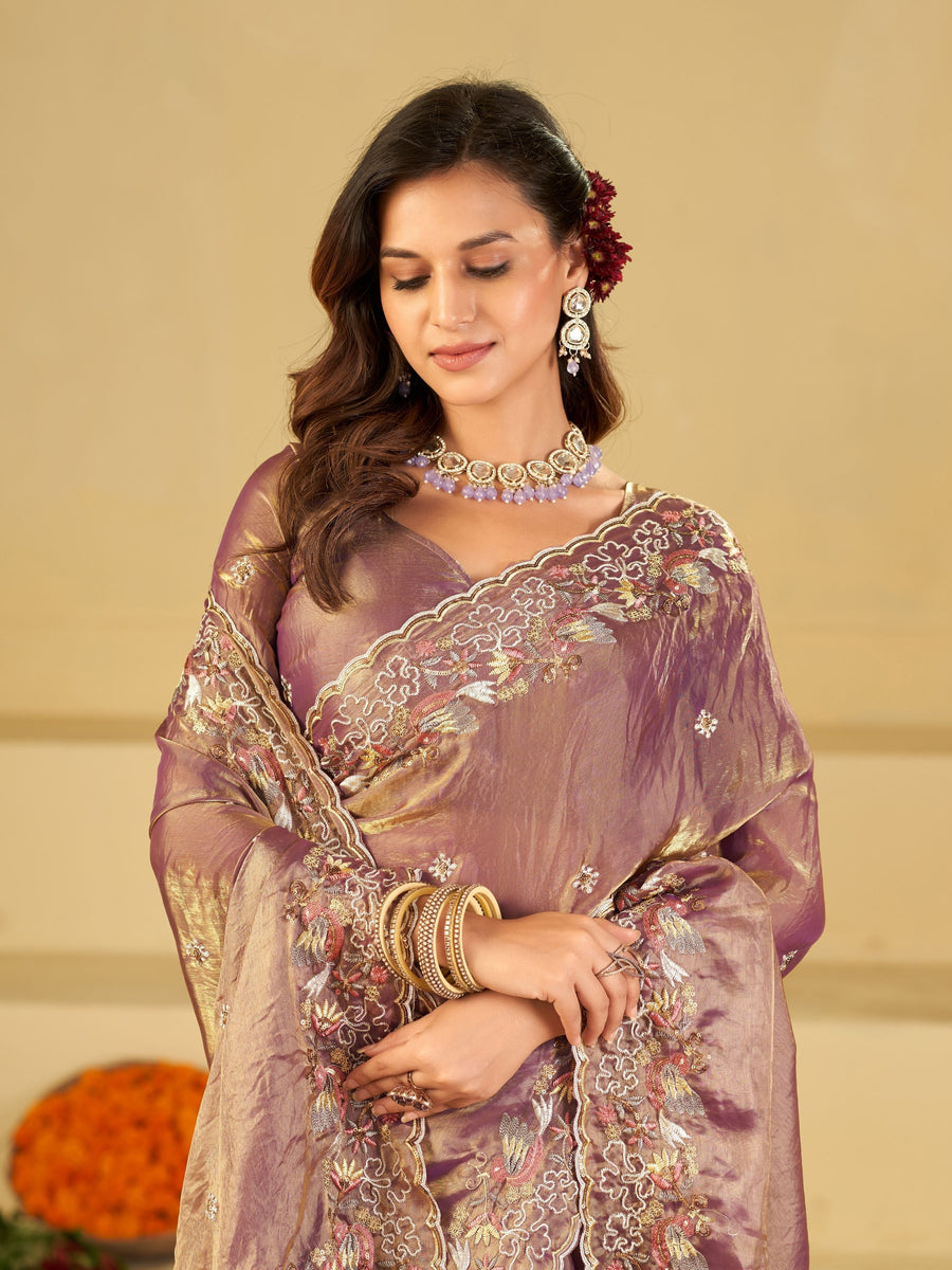 Lavender Gold Fendy Satin Saree with Multicolor Floral Embroidery Border | Designer Party Wear Saree with Blouse