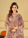 Lavender Gold Fendy Satin Saree with Multicolor Floral Embroidery Border | Designer Party Wear Saree with Blouse