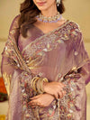 Lavender Gold Fendy Satin Saree with Multicolor Floral Embroidery Border | Designer Party Wear Saree with Blouse