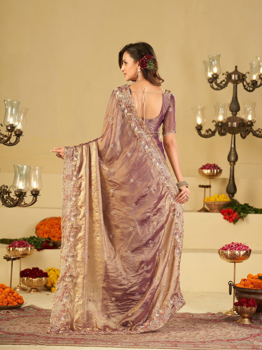 Lavender Gold Fendy Satin Saree with Multicolor Floral Embroidery Border | Designer Party Wear Saree with Blouse