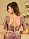 Lavender Gold Fendy Satin Saree with Multicolor Floral Embroidery Border | Designer Party Wear Saree with Blouse