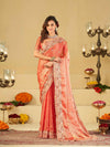 Peach Pink Fendy Satin Saree with Multicolor Floral Embroidery Border | Designer Party Wear Saree with Blouse