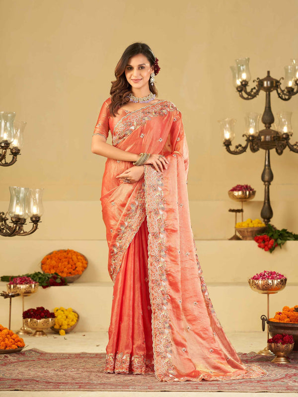 Peach Pink Fendy Satin Saree with Multicolor Floral Embroidery Border | Designer Party Wear Saree with Blouse