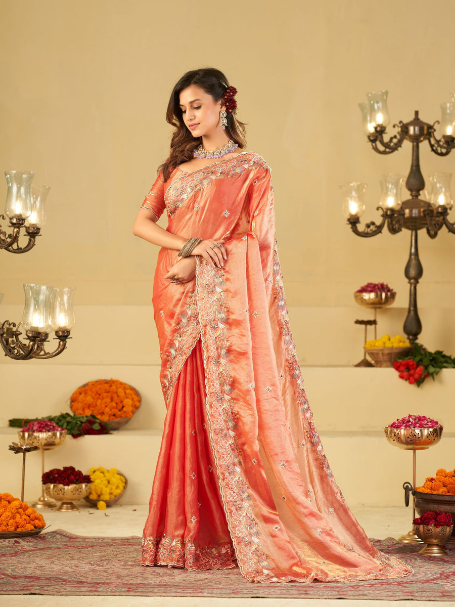 Peach Pink Fendy Satin Saree with Multicolor Floral Embroidery Border | Designer Party Wear Saree with Blouse
