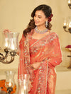 Peach Pink Fendy Satin Saree with Multicolor Floral Embroidery Border | Designer Party Wear Saree with Blouse