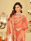 Peach Pink Fendy Satin Saree with Multicolor Floral Embroidery Border | Designer Party Wear Saree with Blouse