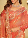 Peach Pink Fendy Satin Saree with Multicolor Floral Embroidery Border | Designer Party Wear Saree with Blouse
