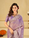 Lavender Fendy Satin Saree with White Floral Embroidery Border | Designer Party Wear Saree with Blouse