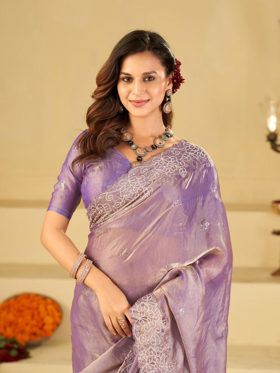 Lavender Fendy Satin Saree with White Floral Embroidery Border | Designer Party Wear Saree with Blouse