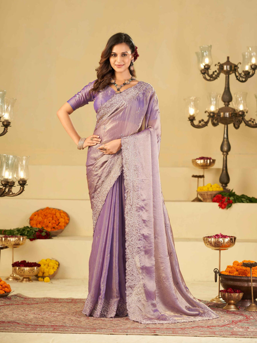 Lavender Fendy Satin Saree with White Floral Embroidery Border | Designer Party Wear Saree with Blouse