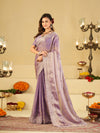 Lavender Fendy Satin Saree with White Floral Embroidery Border | Designer Party Wear Saree with Blouse