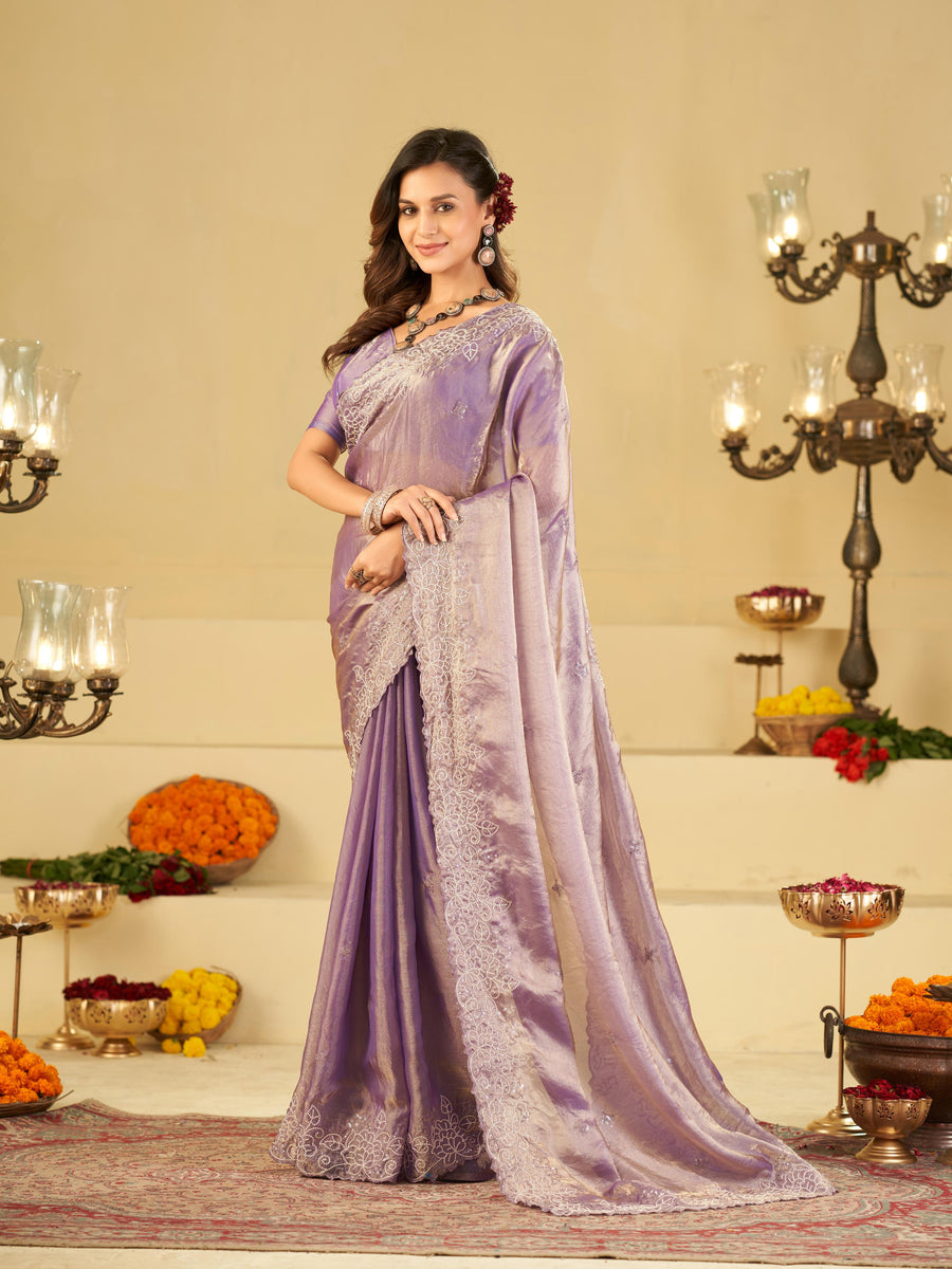 Lavender Fendy Satin Saree with White Floral Embroidery Border | Designer Party Wear Saree with Blouse