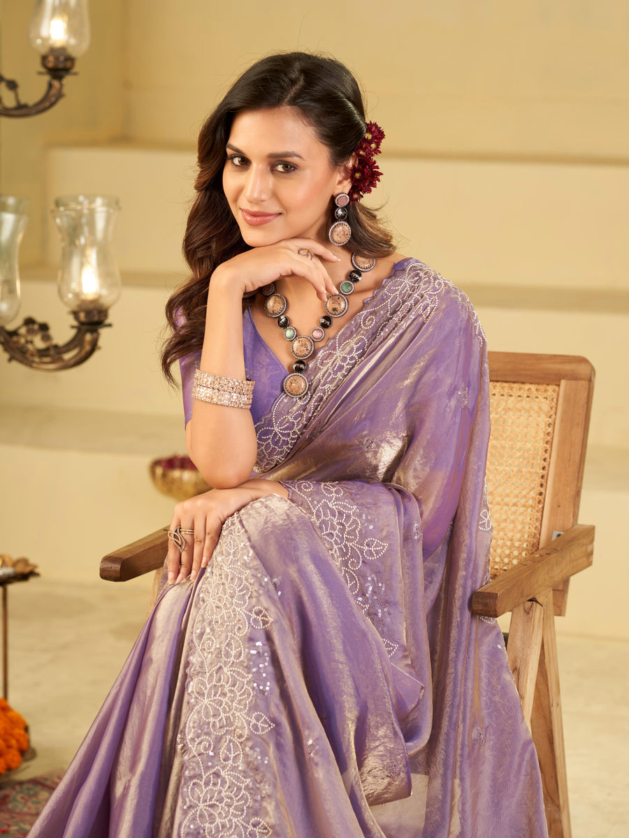 Lavender Fendy Satin Saree with White Floral Embroidery Border | Designer Party Wear Saree with Blouse