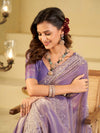 Lavender Fendy Satin Saree with White Floral Embroidery Border | Designer Party Wear Saree with Blouse