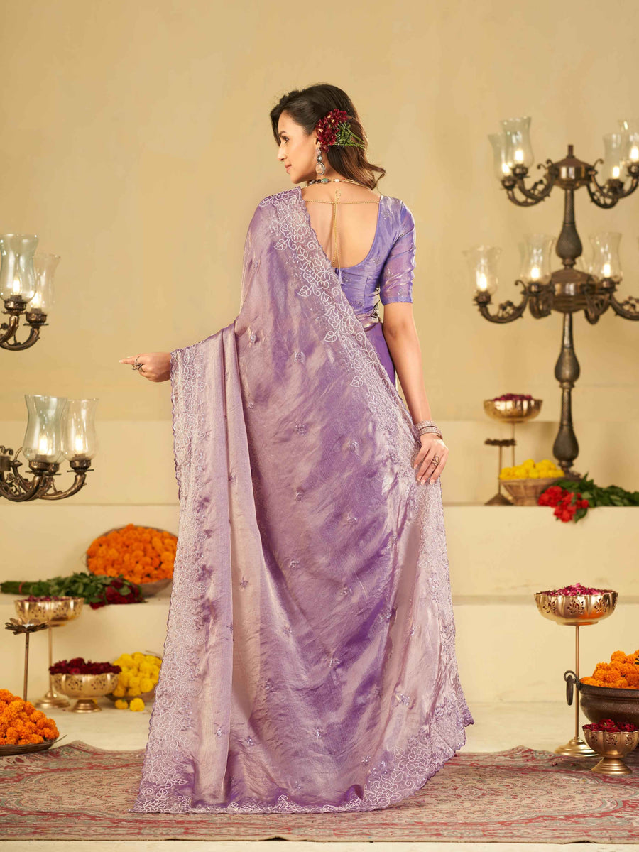Lavender Fendy Satin Saree with White Floral Embroidery Border | Designer Party Wear Saree with Blouse