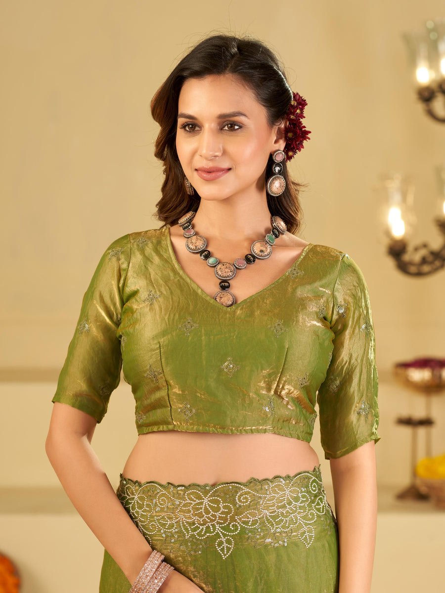 Pista Green Fendy Satin Saree with White Floral Embroidery Border | Designer Party Wear Saree with Blouse