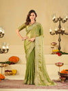 Pista Green Fendy Satin Saree with White Floral Embroidery Border | Designer Party Wear Saree with Blouse