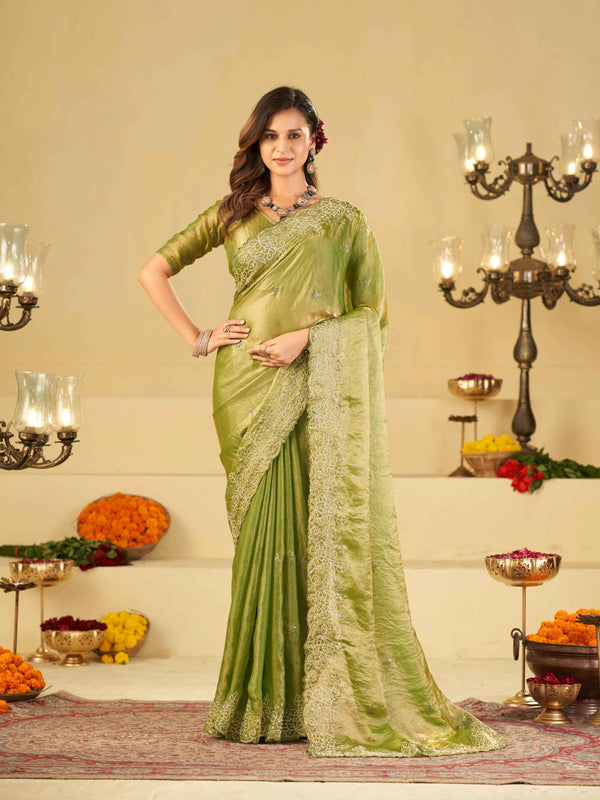 Pista Green Fendy Satin Saree with White Floral Embroidery Border | Designer Party Wear Saree with Blouse