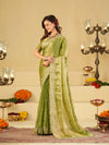 Pista Green Fendy Satin Saree with White Floral Embroidery Border | Designer Party Wear Saree with Blouse