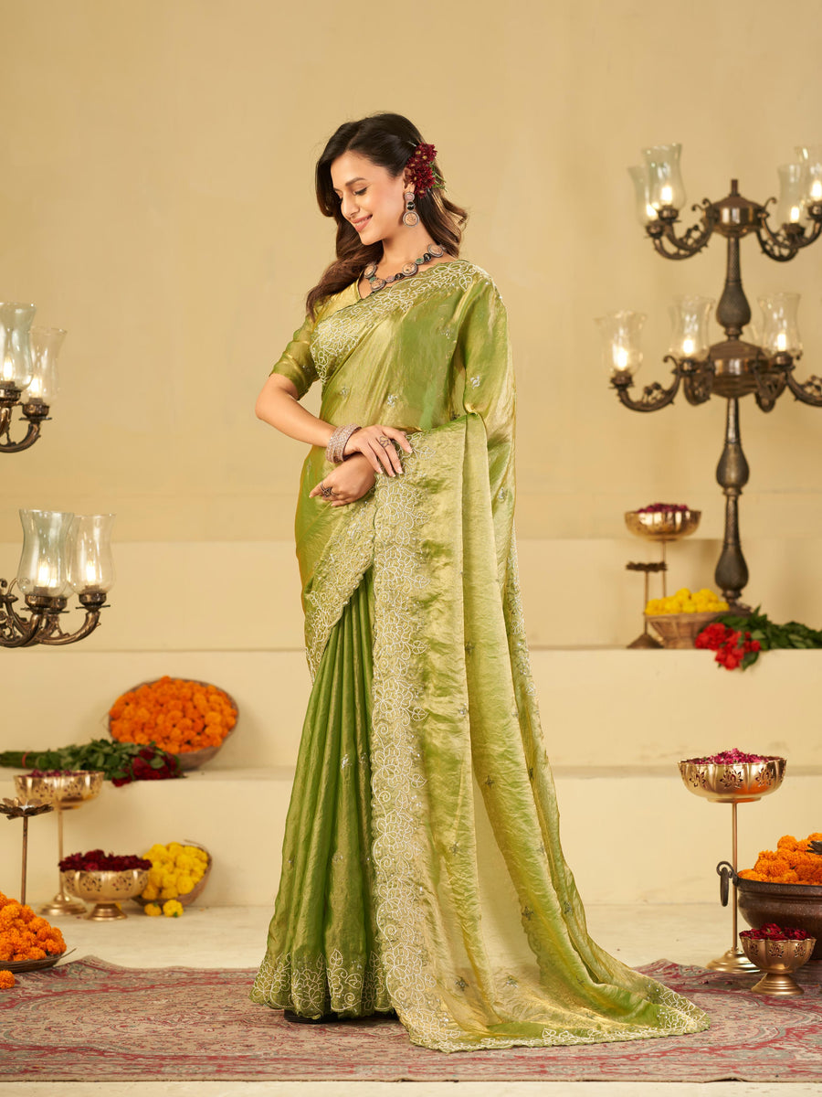 Pista Green Fendy Satin Saree with White Floral Embroidery Border | Designer Party Wear Saree with Blouse