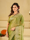 Pista Green Fendy Satin Saree with White Floral Embroidery Border | Designer Party Wear Saree with Blouse