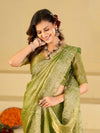 Pista Green Fendy Satin Saree with White Floral Embroidery Border | Designer Party Wear Saree with Blouse