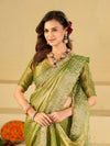 Pista Green Fendy Satin Saree with White Floral Embroidery Border | Designer Party Wear Saree with Blouse