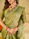 Pista Green Fendy Satin Saree with White Floral Embroidery Border | Designer Party Wear Saree with Blouse