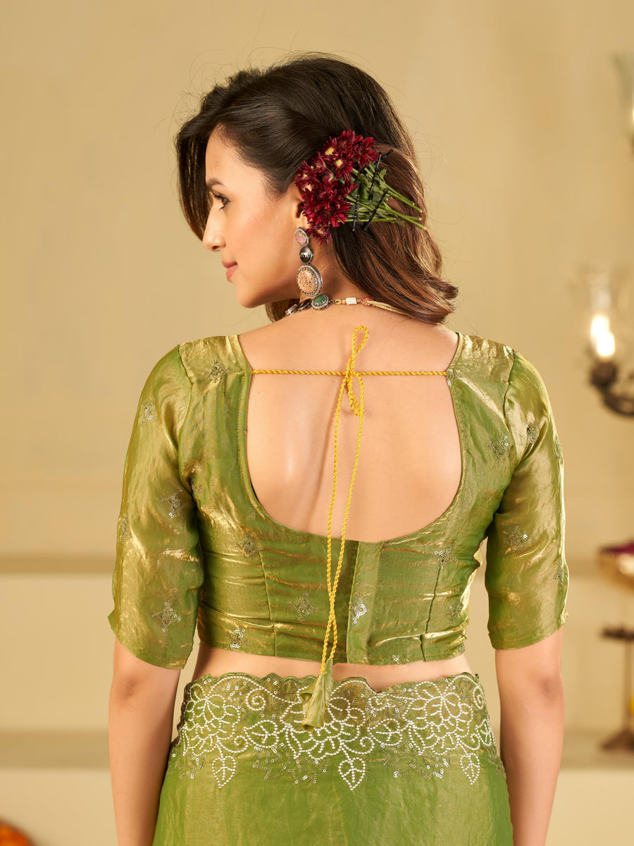 Pista Green Fendy Satin Saree with White Floral Embroidery Border | Designer Party Wear Saree with Blouse