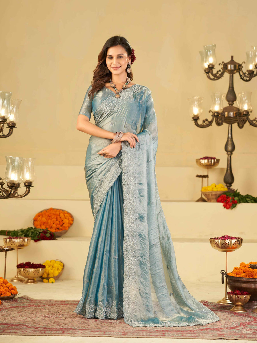 Powder Blue Fendy Satin Saree with White Floral Embroidery Border | Designer Party Wear Saree with Blouse