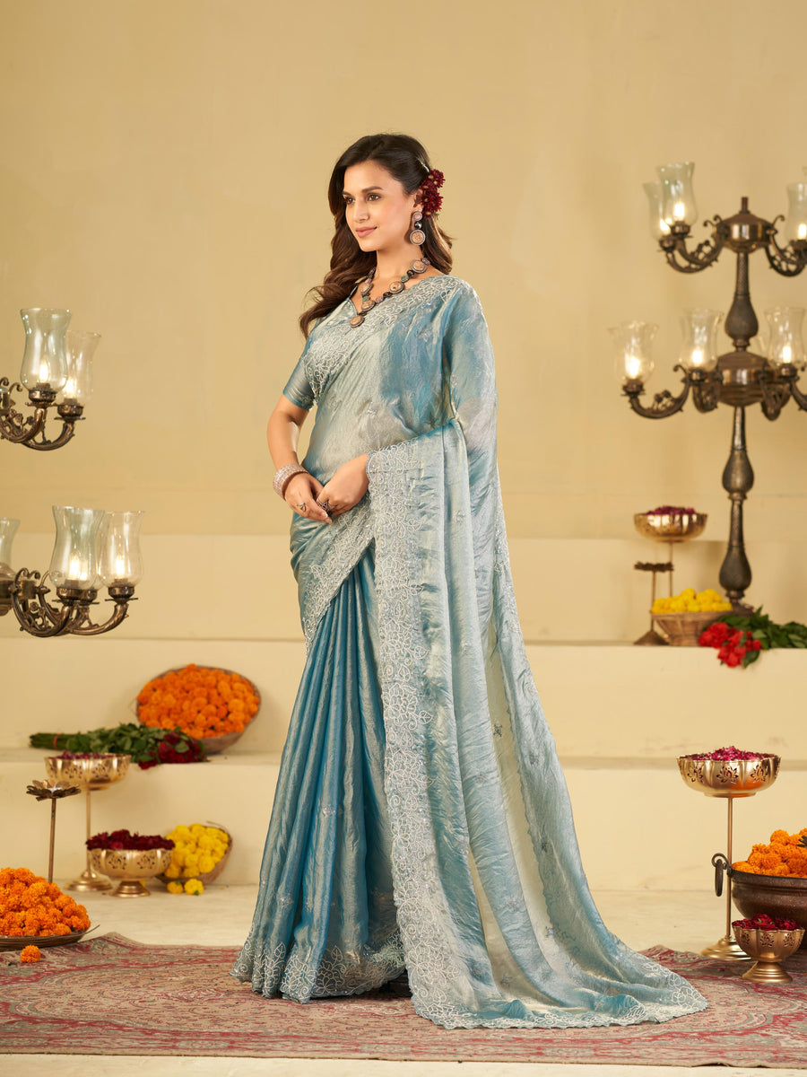 Powder Blue Fendy Satin Saree with White Floral Embroidery Border | Designer Party Wear Saree with Blouse