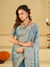 Powder Blue Fendy Satin Saree with White Floral Embroidery Border | Designer Party Wear Saree with Blouse