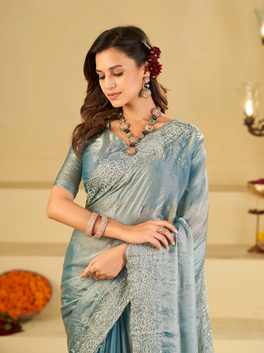 Powder Blue Fendy Satin Saree with White Floral Embroidery Border | Designer Party Wear Saree with Blouse