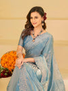 Powder Blue Fendy Satin Saree with White Floral Embroidery Border | Designer Party Wear Saree with Blouse