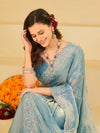 Powder Blue Fendy Satin Saree with White Floral Embroidery Border | Designer Party Wear Saree with Blouse